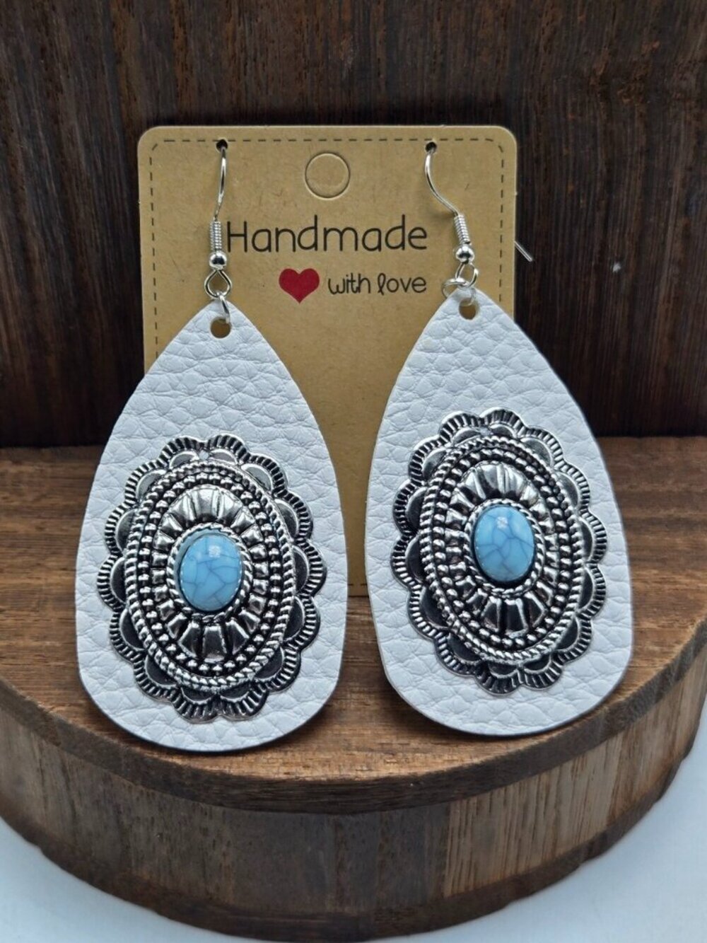 NWT Faux Turquoise Concho Earrings Pierced Faux Leather Western Dangle Drop OOAK